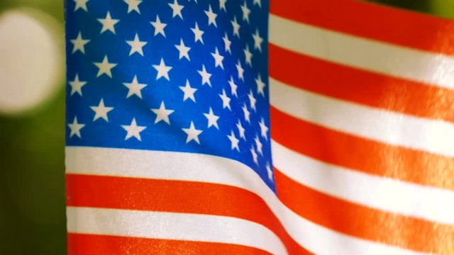 4K.American Flag in forest  green background, close up