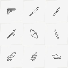 Weapons line icon set with gun , crossbow and dynamite