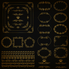 Set of gold decorative hand-drawn floral element, corner, seamless borders, frames, filigree dividers, crown on black background. Page, web site decoration in vintage style. Vector illustration EPS 10