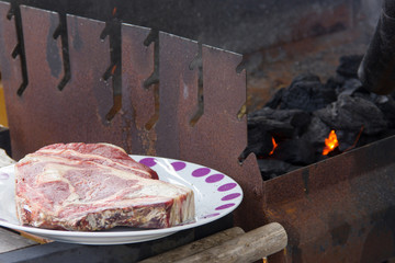 Raw t bone steak on white plate next to rusty grill with hot coal setting fire with hairdryer....