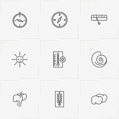 Weather line icon set with sun, compass and thermometer
