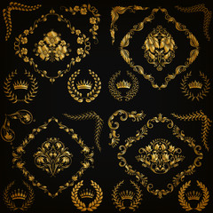 Set of gold damask ornaments. Floral element, ornate border, corner, crown, frame, laurel wreath for design. Page, web royal decoration on black background in vintage style. Vector illustration EPS 10