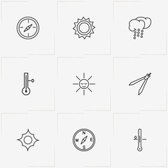 Weather line icon set with sun, thermometer and hailstones cloud