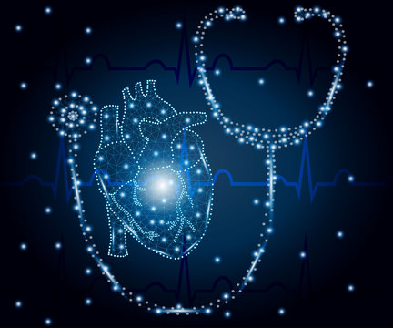 stethoscope, heart, polygon, blue ECG 1