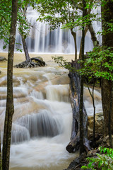 Erawan National Park beautiful waterfall in kanchanaburi Thailand after the rain storm.flash flood,turbid water.
