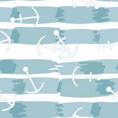 Vector seamless pattern with anchors and blue paint smears. Marine backdrop for any design.