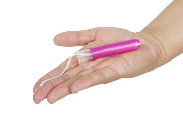 female hand holds a tampon with applicator isolated on white