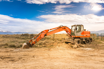 Excavator working on the construction of the extension works of the Madrid - Segovia - Valladolid...