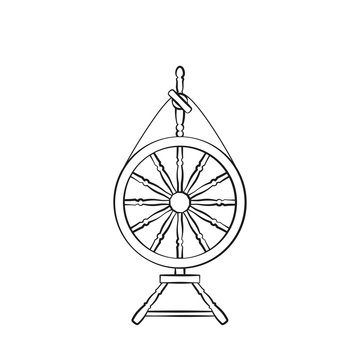 An antique spinning wheel icon in the style of linear design.