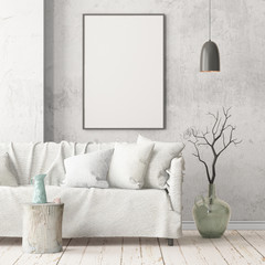 Mock up poster in an interior in Scandinavian style with a sofa. 3D rendering