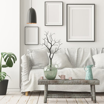 Mock up poster in an interior in Scandinavian style with a sofa. 3D rendering