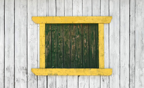 Vintage wooden wall with colorful window frame or decorative board white yellow green