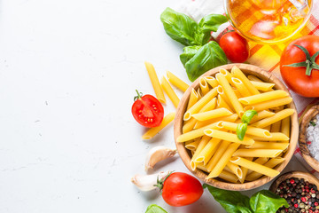 Food cooking ingredients background on white top view.