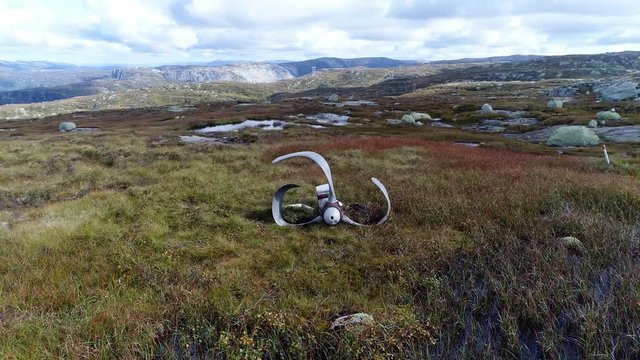 A UK WWII Bomber plane B-24 crashed on a mountain in southern Norway 1946, Propeller POI aerial view