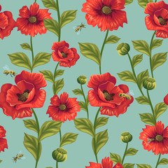 seamless pattern with poppies and bees