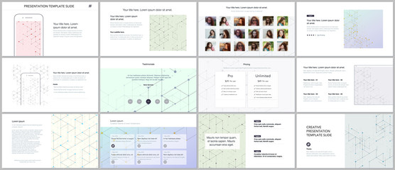 Minimal presentations, portfolio templates. Presentation slides for flyer, brochure, report. Line art pattern with connecting lines. Abstract geometric background. Technology, digital network concept.