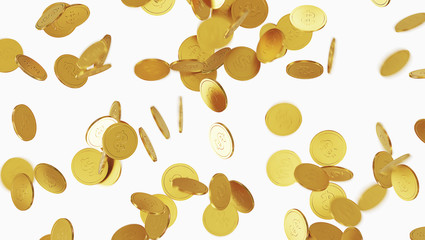 Falling gold coins. Rain from golden coins. Coins with dollar sign isolated on white background. 