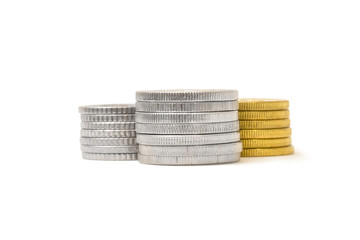 Gold and Silver Coins Stacks Isolated on White Background