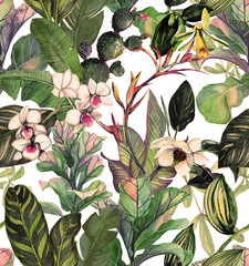 Fototapety  Wzór z tropikalnych liści i kwiatów. akwarela wzór z kwiatem magnolii, orchideami, kaktusami, białą orchideą phalinopsis. Tło botaniczne