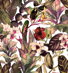 Modèle sans couture avec des feuilles et des fleurs tropicales. motif aquarelle avec une fleur de magnolia, orchidées, cactus, phalinopsis d& 39 orchidée blanche. Contexte botanique