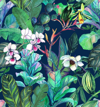  Seamless pattern with tropical leaves and flowers. watercolor pattern with a magnolia flower, orchids, cactus, white orchid phalinopsis. Botanical background