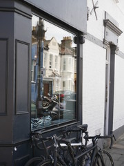 Outdoor Shot of Australian Looking Coffee Shop with Bicycles Outside