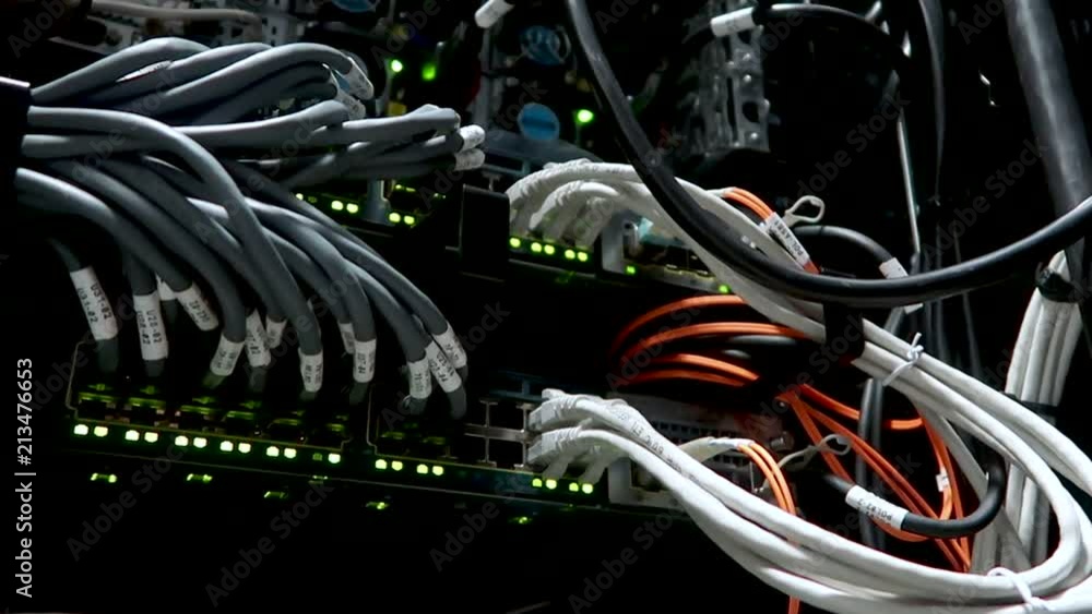 Poster led port status is blink. network gigabit switch for high speed network in data center room. rj45 ja