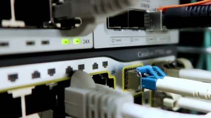 LED port status is blink. Network gigabit switch for high speed network in data center room. RJ45 jacks blinking LED lights. Close up. 4K