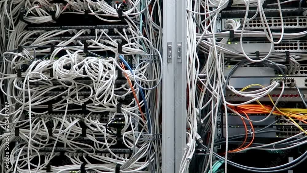 Poster network gigabit switch for high speed network in data center room. rj45 jacks blinking led lights. c