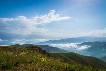 Mountain landscape of Alamut mountain range in Alamut region in the South Caspian province of Daylam near the Rudbar region in Iran.