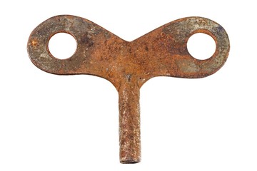 Vintage wind up key isolated on white background, Rusty Key