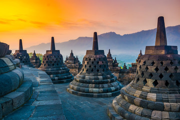 Sunrise Landscape of Buddhist temple complex Borobudur, Yogyakarta, Jawa in Indonesia