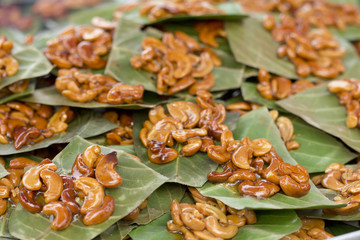 Thai Style Cashews with sweet brown sugar on the leafs, Thailand