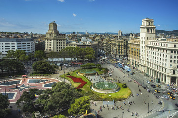 Aerial view of Placa Catalunya in Barcelona, Spain - obrazy, fototapety, plakaty