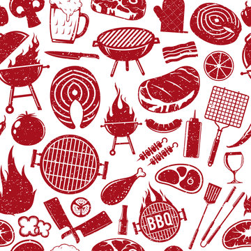 Vector retro styled barbecue icons seamless pattern or background