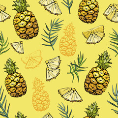 Seamless Pattern with Pineapples and palm Leaves
