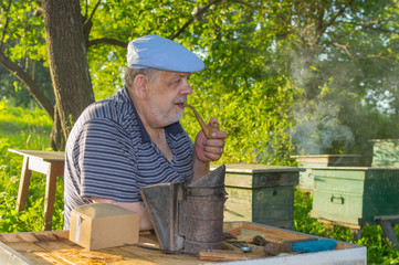 Outdoor portrait of elderly bee-keeper with tobacco pipe