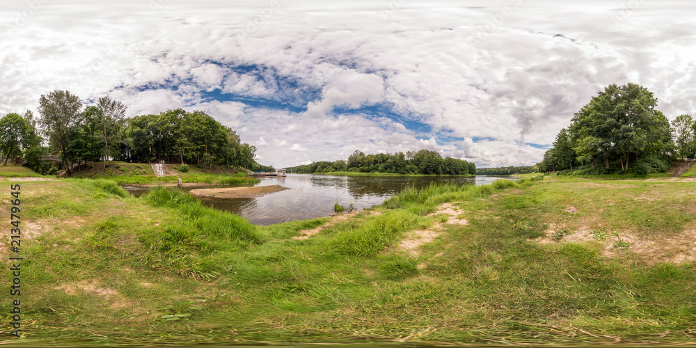 Wall mural full seamless spherical panorama 360 by 180 degrees angle view on the shore of width river in summer