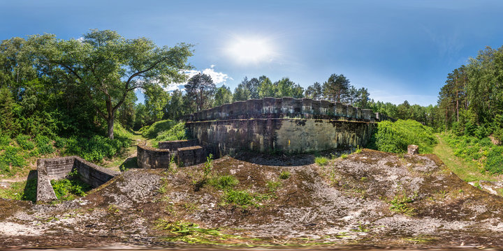 full seamless panorama 360 by 180 degrees angle view ruined abandoned military fortress of the First World War in forest in equirectangular spherical equidistant projection, skybox VR AR content
