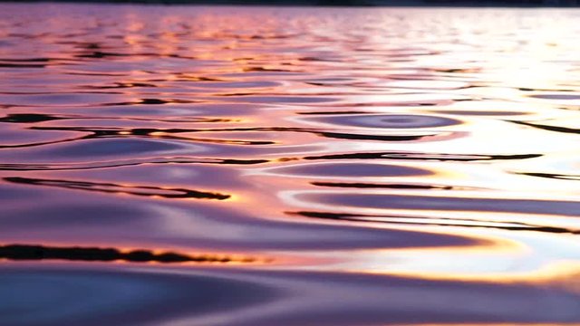 Close-up footage of gentle lake ripples and waves at sunset, with a slow pan, revealing the reflection of the setting sun.