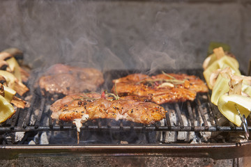 Slices of raw and grilled pork meat