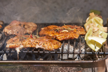 Slices of raw and grilled pork meat