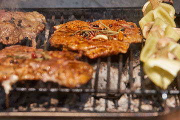 Slices of raw and grilled pork meat