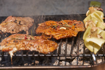 Slices of raw and grilled pork meat