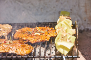 Slices of raw and grilled pork meat