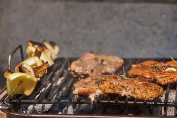 Slices of raw and grilled pork meat