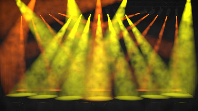 Green and orange spotlights on an empty stage as 3D rendering