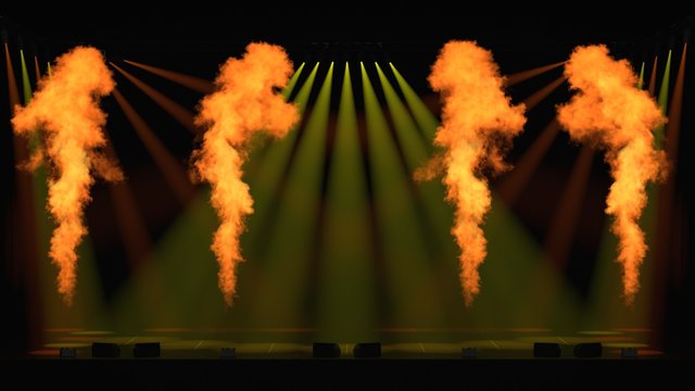 Oragen and yellow spotlights with four flame thrower as 3D rendering