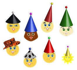 Party smileys in caps. The set of the hilarious cartoons celebrating the emoticon in paper caps and hats. Isolated.