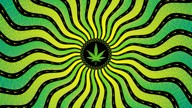 Magic cannabis leaf; Sacred complex geometry; Wonderful mandala in trance psychedelic style; Vector illustration, horizontal format.